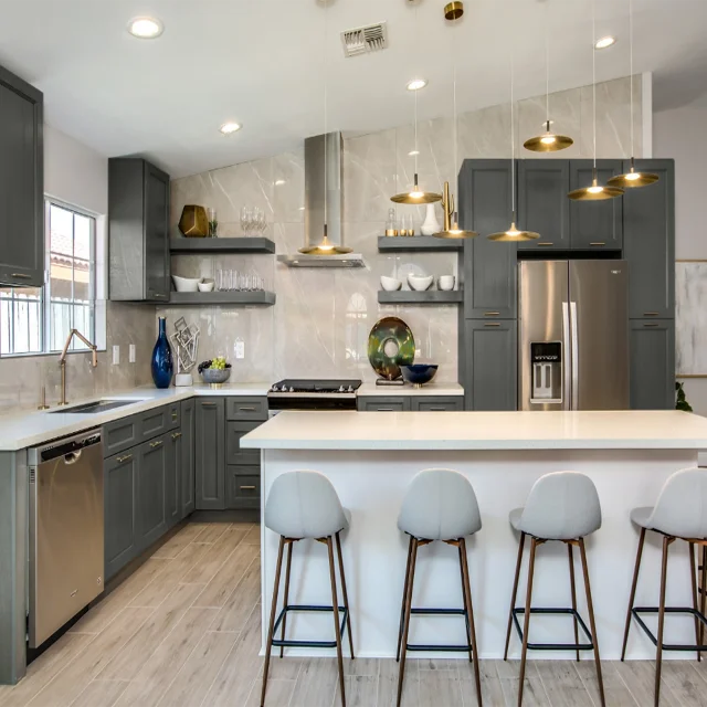 Elegant grey modern solid wood modular kitchen cabinet