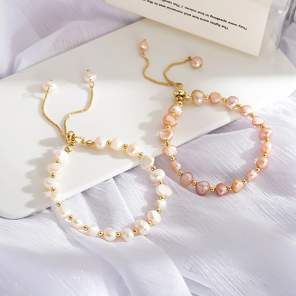 Pulsera-де-Перлас женщин Регулируемый 14K позолоченный белый розовый естественная барочная жемчужный браслет из розового золота