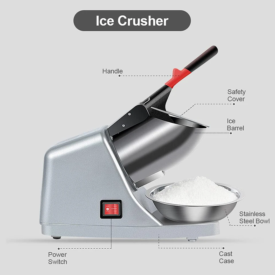 HD109 Ice Shaver Prevent Splash Electric Two Blades Snow Cone Maker Stainless Steel Shaved Ice Machine Commercial Ice Crushers