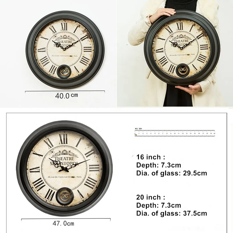 Metal Round Antique Black Wall Retro Decorative Home Pendulum Clock with Glass
