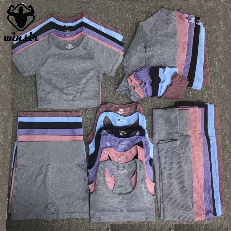 Sportswear Seamless vital Women Gym Fitness Sports Workout Wear leggings shorts bra long sleeve crop top 5pcs yoga set