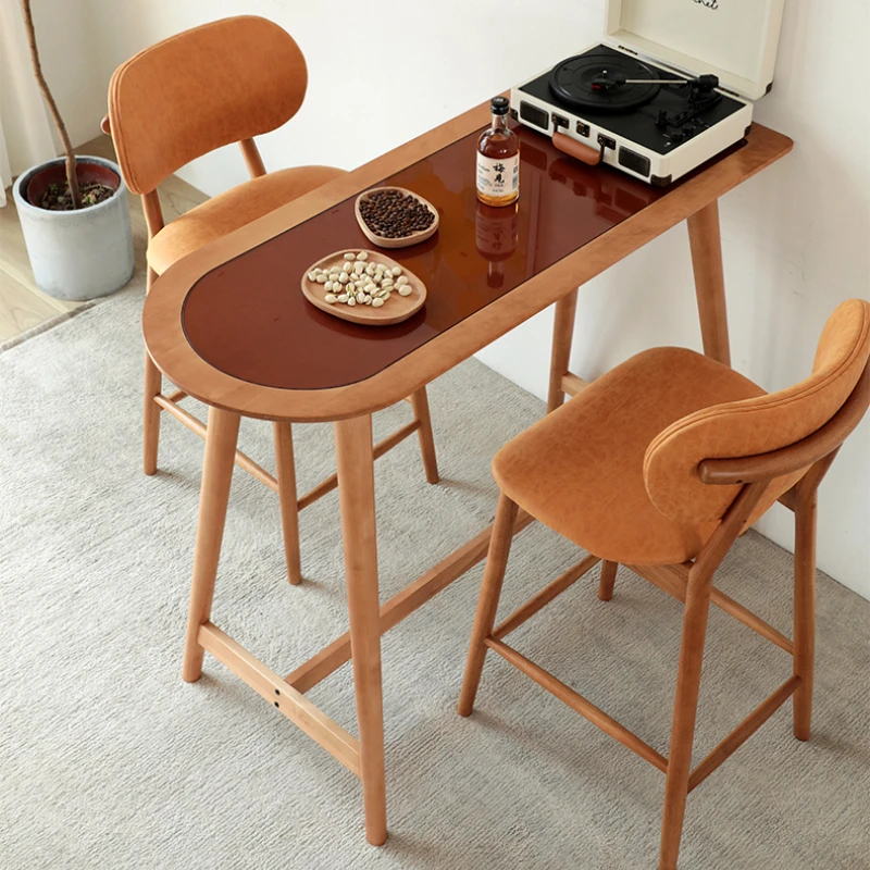 Japanese retro style solid wood bar chair home modern minimalist leather backrest high leg bar stool