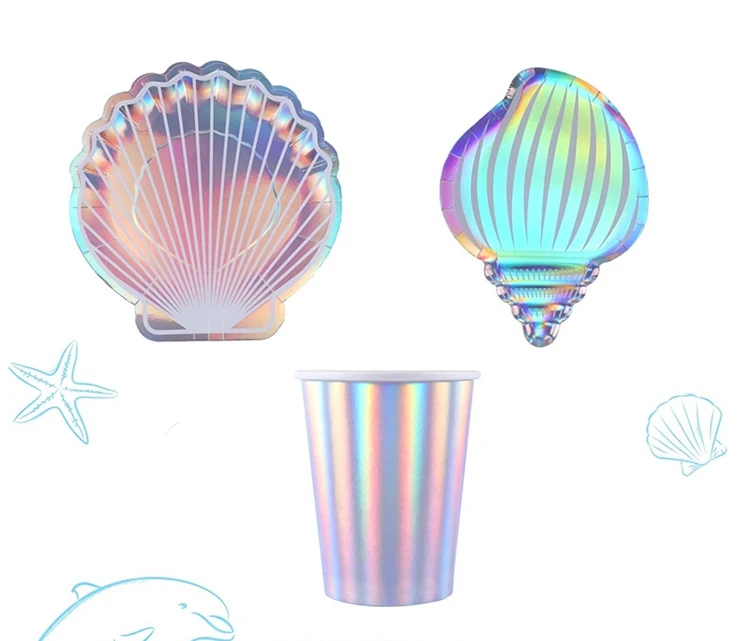 Принадлежности для вечеринки русалки тарелки из ракушек одноразовые бумажные и чашки набор посуды детей