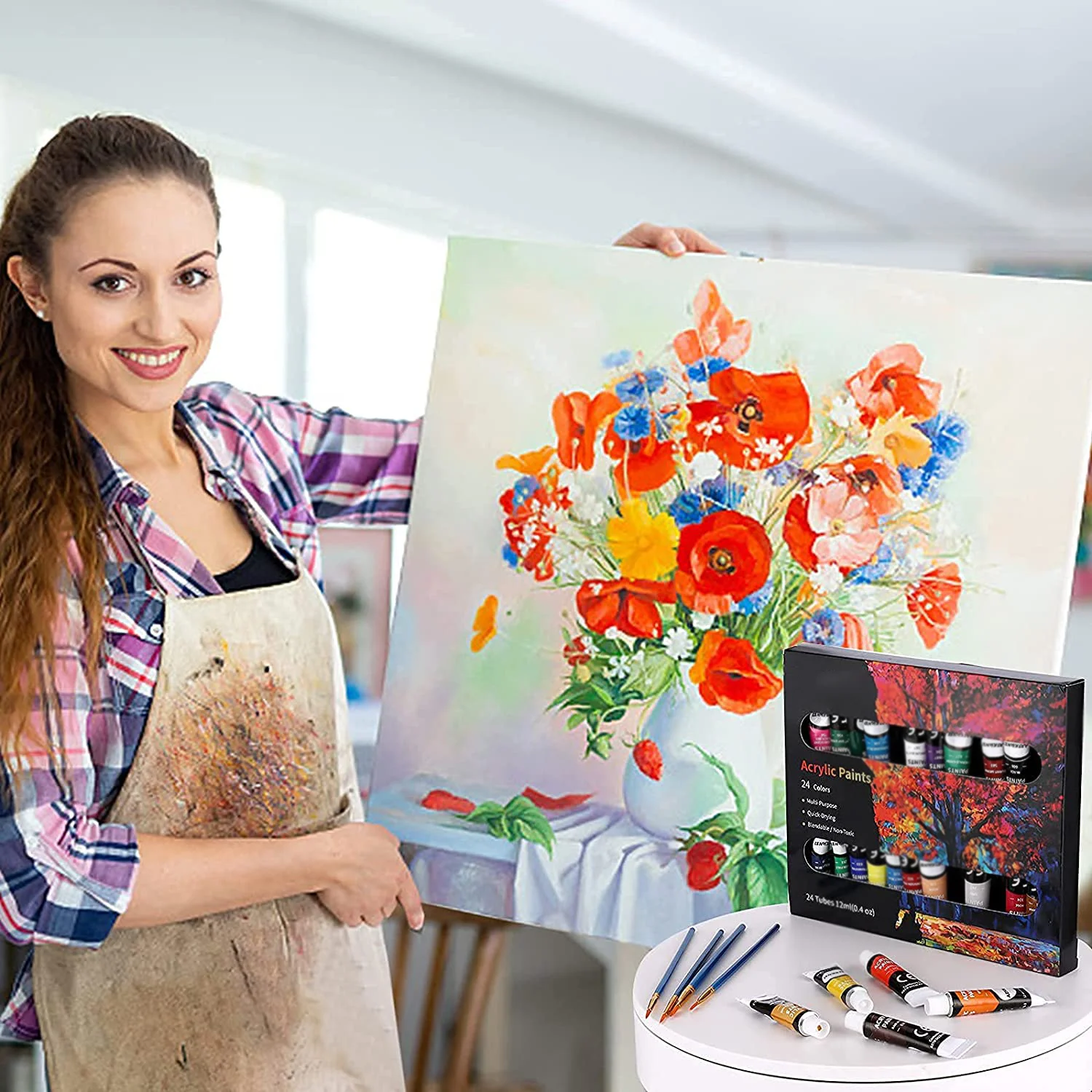 customized professional acrylic paint for artist 24 colors with 10 brushes 1 palette 1 canvas 12 ml  24 aluminium tube OEM