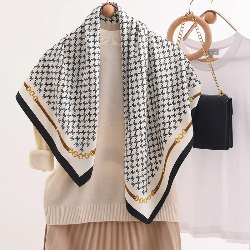 Luxury Woman Big Polyester Summer Digital Printing Scarves Custom Printed Personalized long Square Satin Silk Hijab Scarf