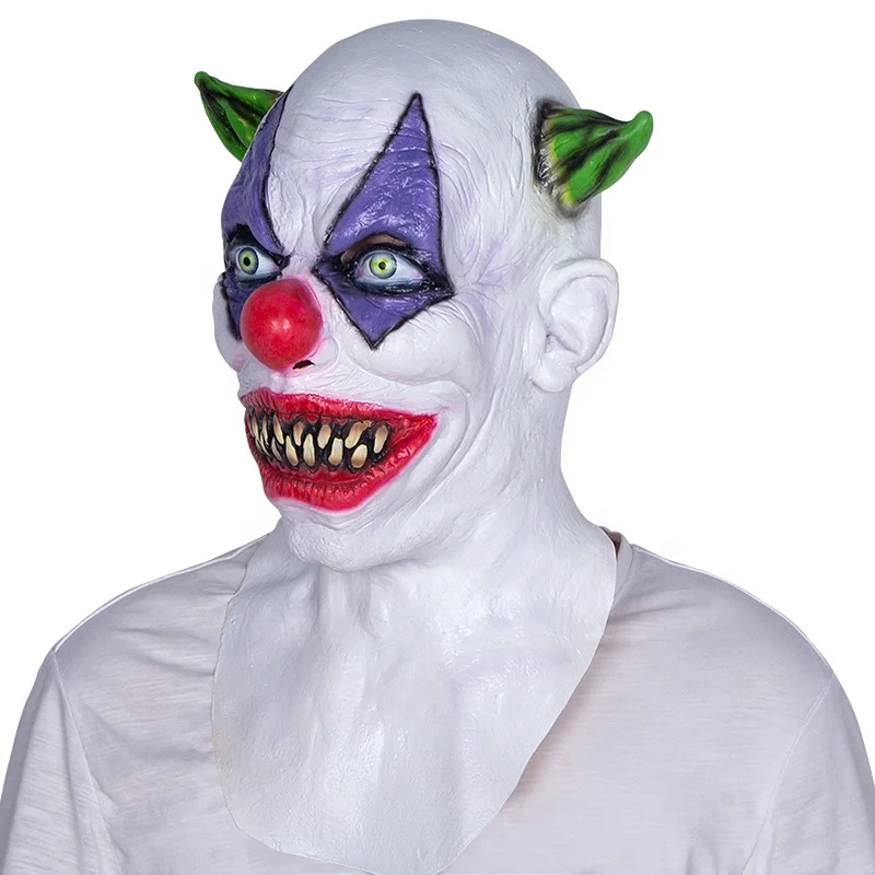 Evil Joker Mask Halloween Carnival Party Horror Killer Clown Latex Masks Creepy Green Horned Clown Mask Head Cover Holiday Gift