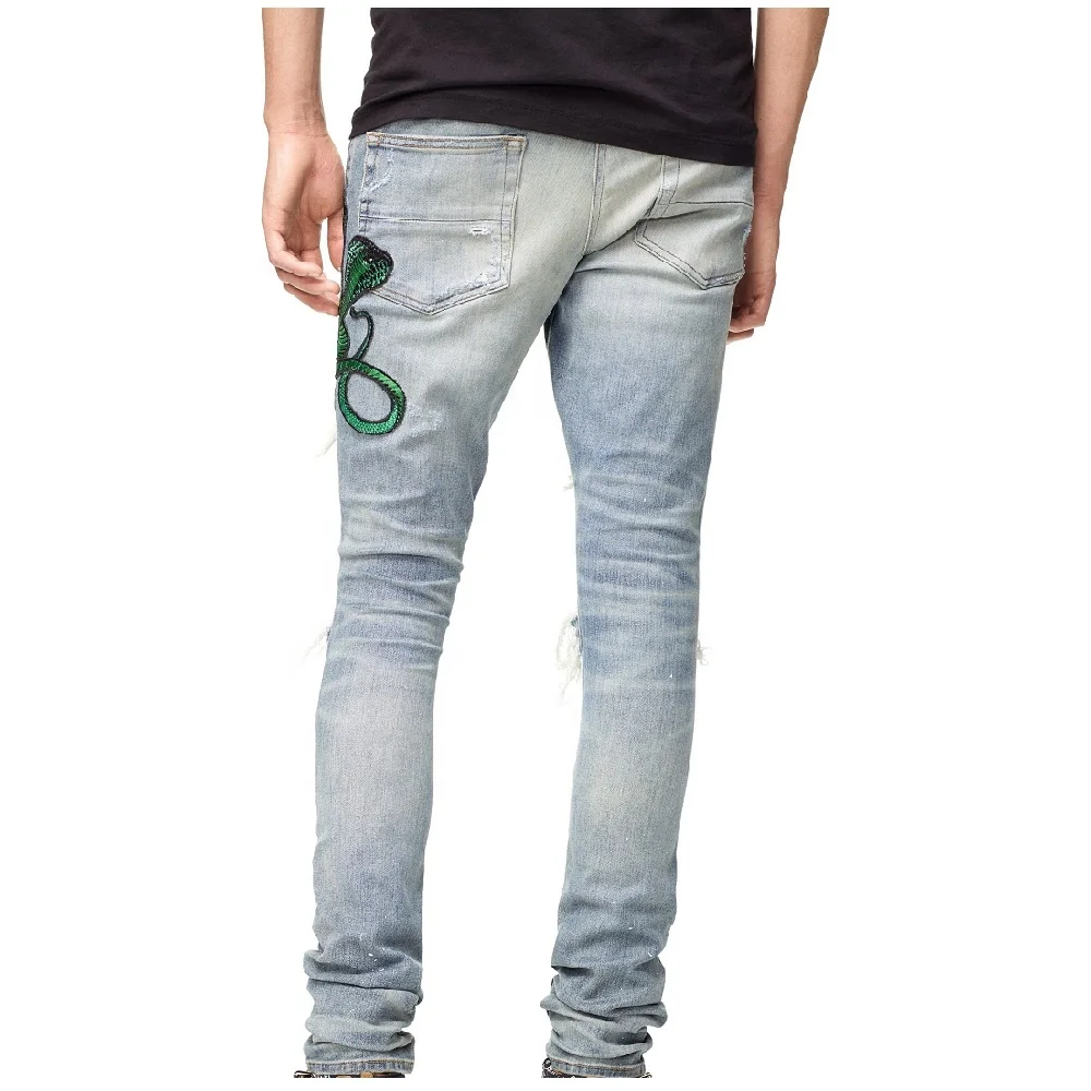 Factory customized 3D Distressed Stacks embroidered Snake Whiskers Denim Jeans For Men