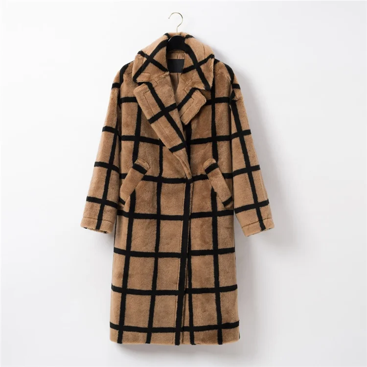 Highest Quality Provided Camel Check Winter Faux Lamb Fur Long Thick Coats For Women