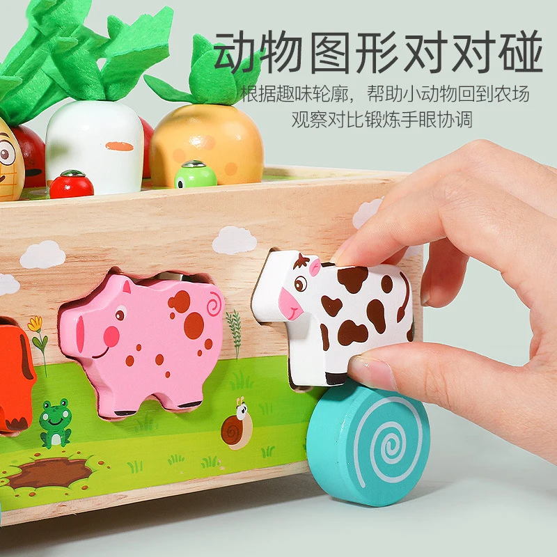 Happy Farm Kids Wooden Early Education Animal Shape Sorter Blocks Car Carrot Harvest Game Fishing Catching Insects Learning Toy