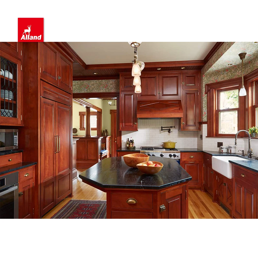AllandCabinet Custom Luxury Good Price Shaker Raised Panel Solid Cherry Wood Kitchen Cabinet Design with Countertop Island