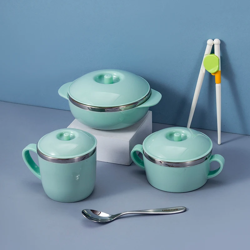 Amazon Hot Sale 8 PCS /Set Plastic Stainless Steel Kids Tableware Set Food Containert