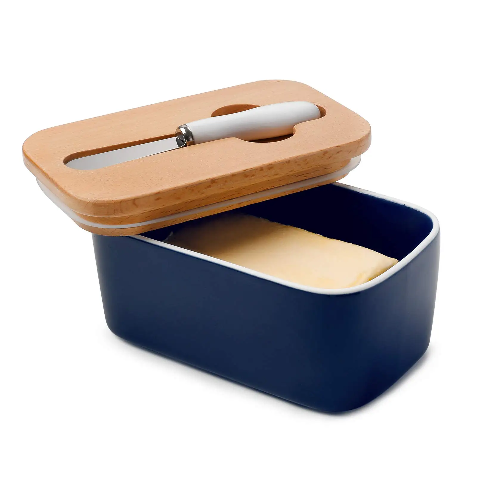 Custom ceramic food container round Rectangle Ceramic Large Butter Dish With Knife And Wooden Lid