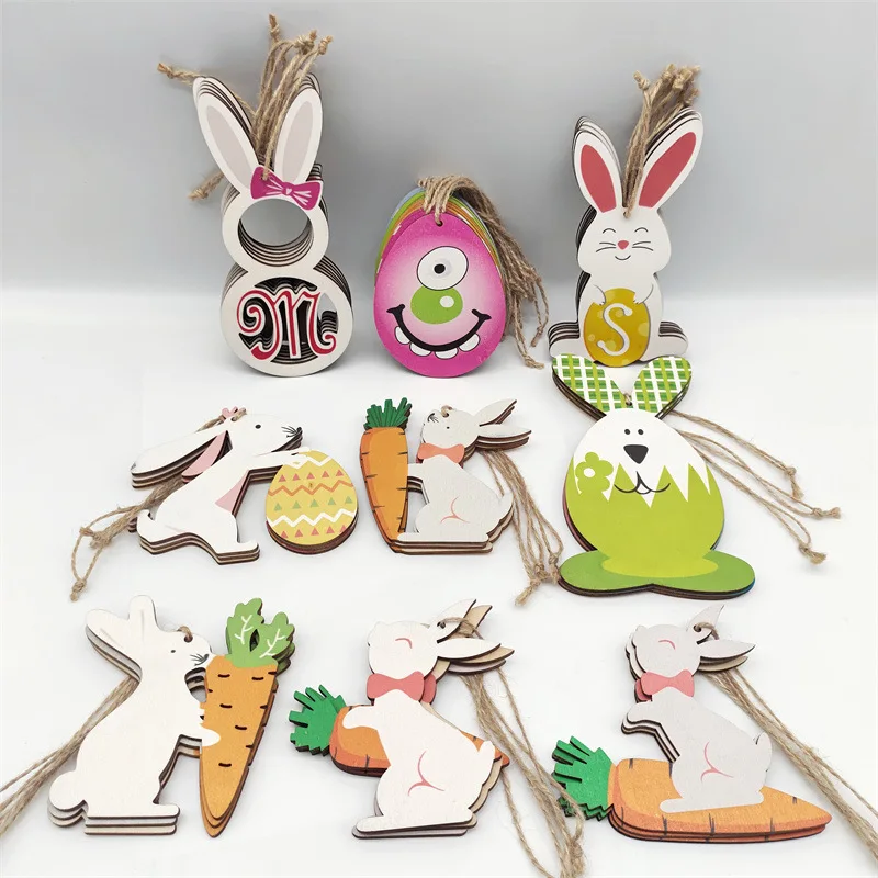 Easter Tree Ornaments Easter Painted Egg Bunny Flowers Chick Cutouts with Holes Wooden Hanging Eggs for DIY Easter Decorations