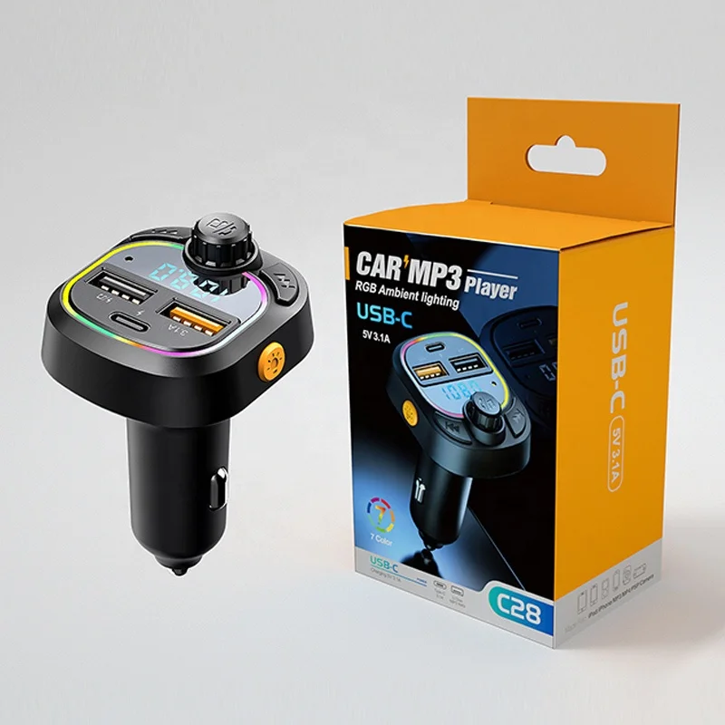 Bluetooth 5.0 FM Transmitter Modulator Audio Receiver USB Fast Charger Ambient Light Handsfree Car Mp3 Player Support U Disk