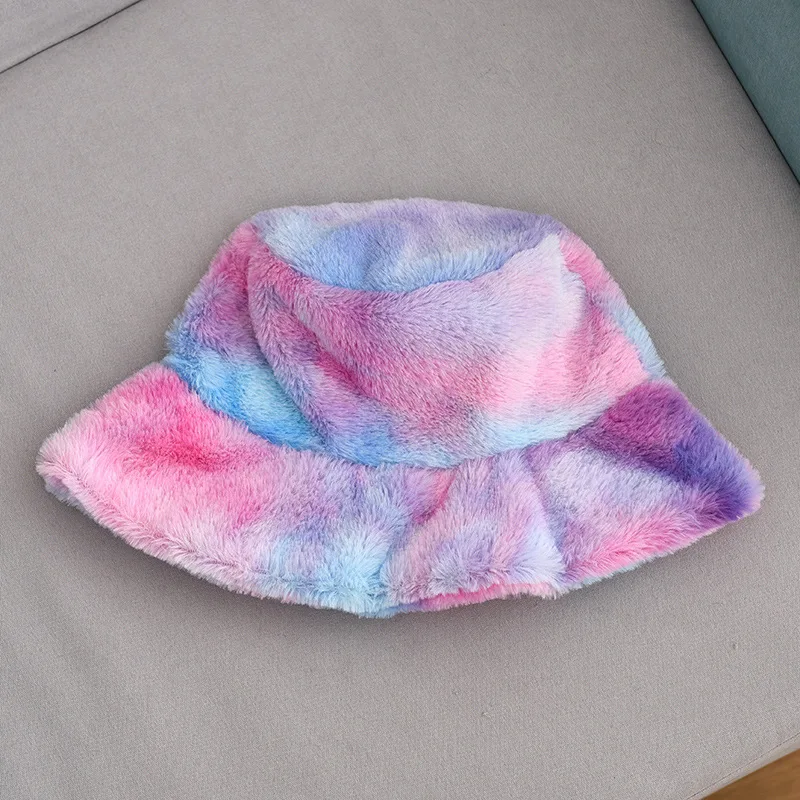 
New fashion warm tie dye hat winter plush rainbow faux fur fisherman hat outdoor bucket hats 