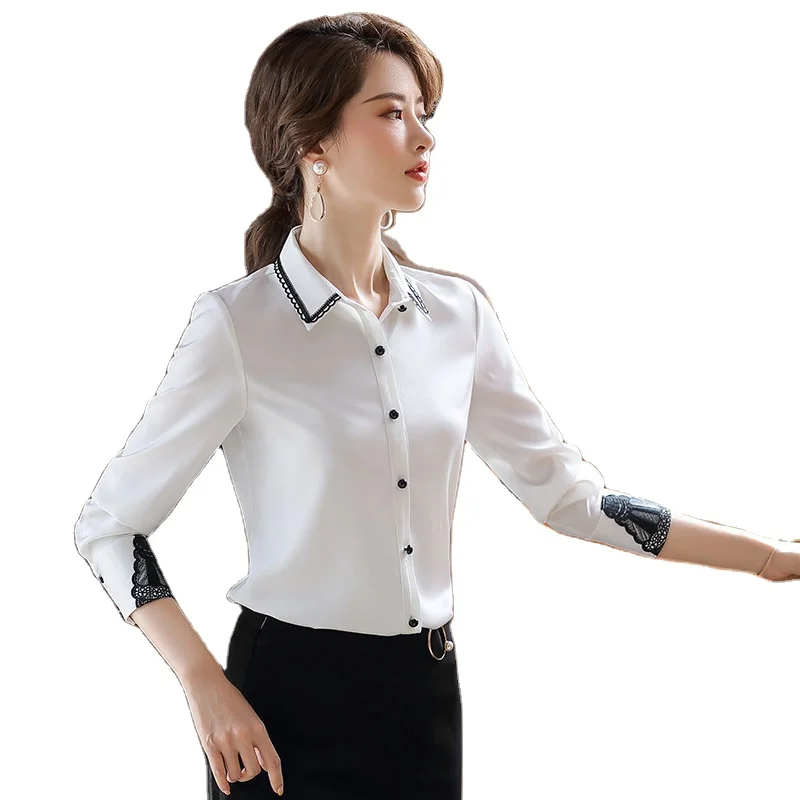 New Arrival Dropship Fashion High Quality Shirt With Lace Women Full Sleeve Green Blouse Office Ladies Formal Loose Tops