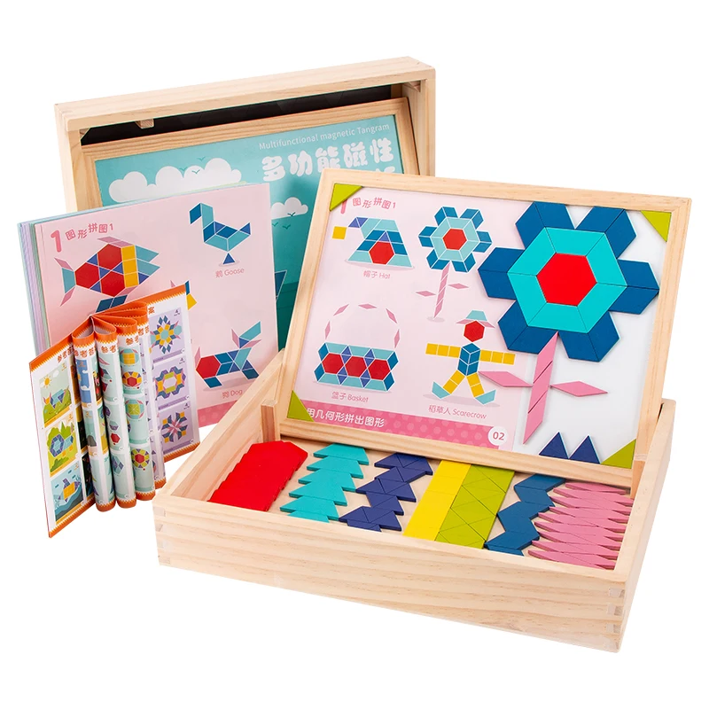 New Arrival Multi-Functional 3D Magnetic Tangram Puzzle Toy Educational Wooden Pattern Blocks Jigsaw Puzzle for Kids