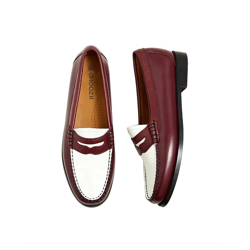 Choozii Wholesale Slip On Flat Brown White Premium Leather Penny Loafers Shoes Men Casual Driving Shoes