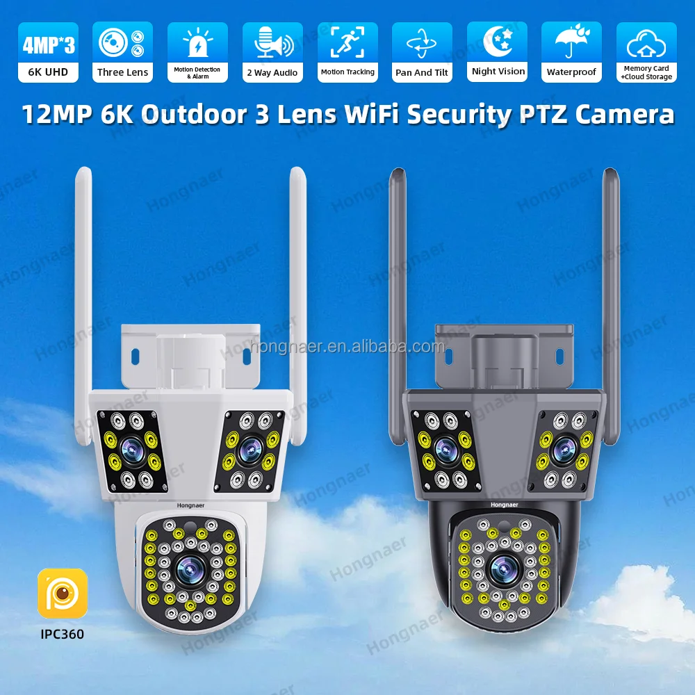 Hongnaer 12MP 3 Video Smart Outdoor Wireless PTZ Surveil IP Camera 6K IPC360 Home WiFi Three Lenses Network CCTV Security Camera