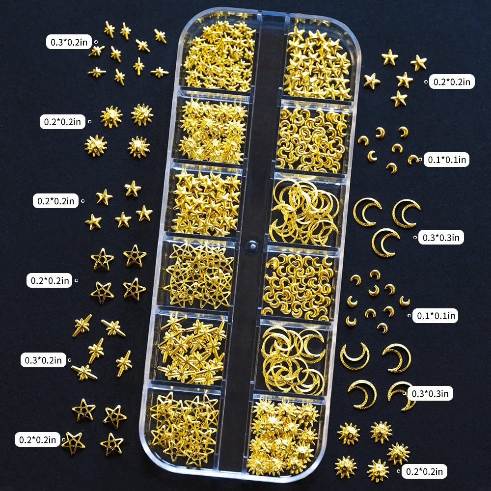 12 Grids/Box Nail Charms Sun Star Moon Series Gold Jewelry Parts Mixed 3D Art Decoration for Manicure Supplies