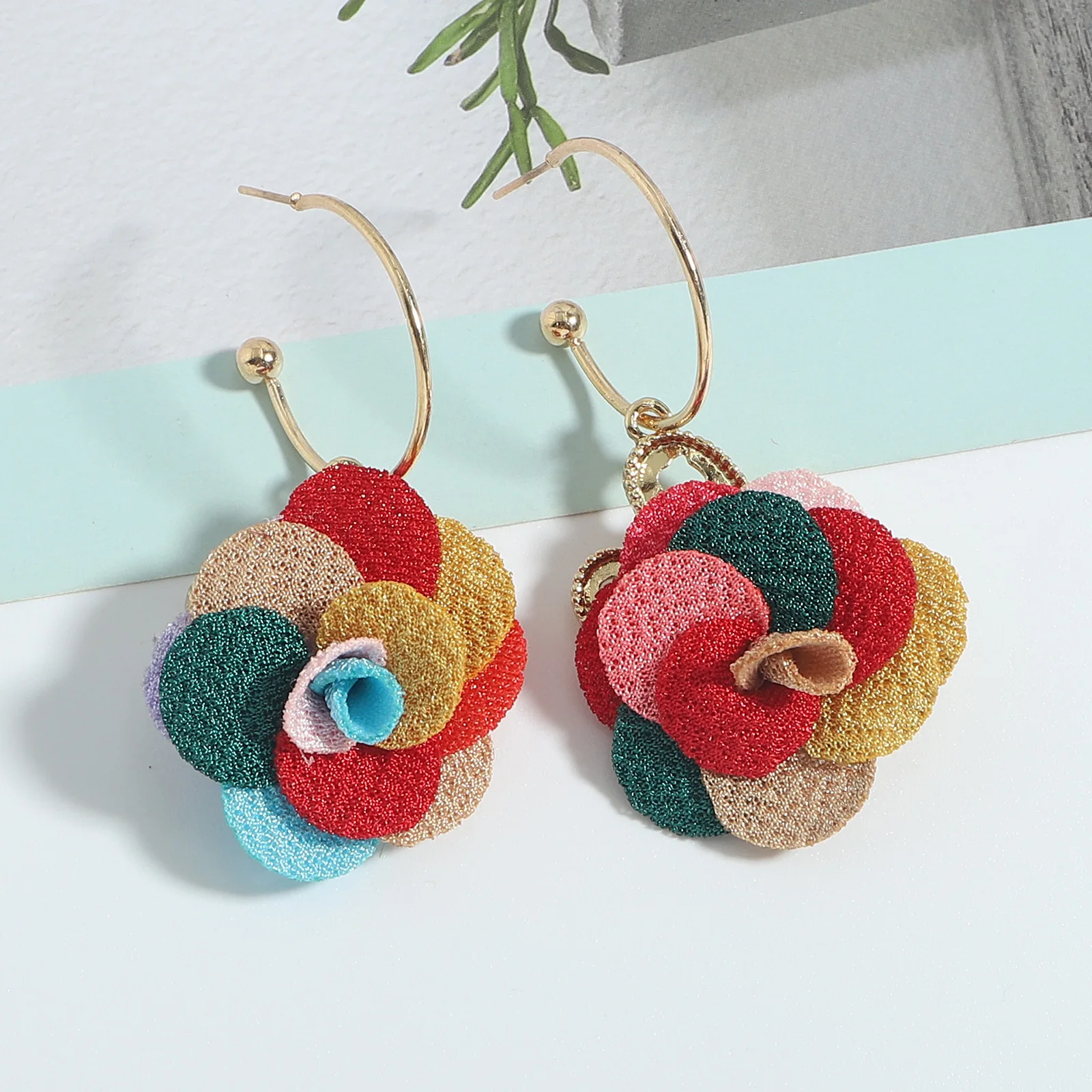 European and American French style 2021 new trendy Hong Kong style elegant flower cloth earrings