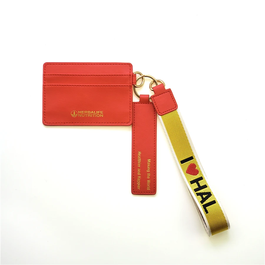 Custom logo PU leather credit/name card holder with wrist strap