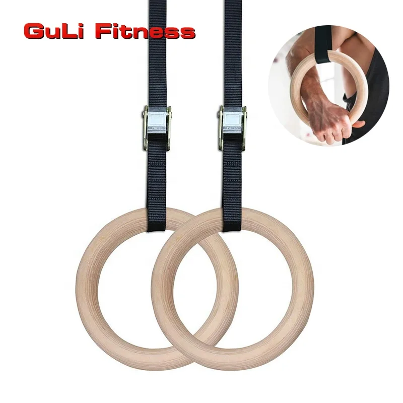 Guli Fitness Wooden Gymnastic Rings with Adjustable Cam Buckle Straps Pull Up Exercise Rings for Home Gym Body Workout