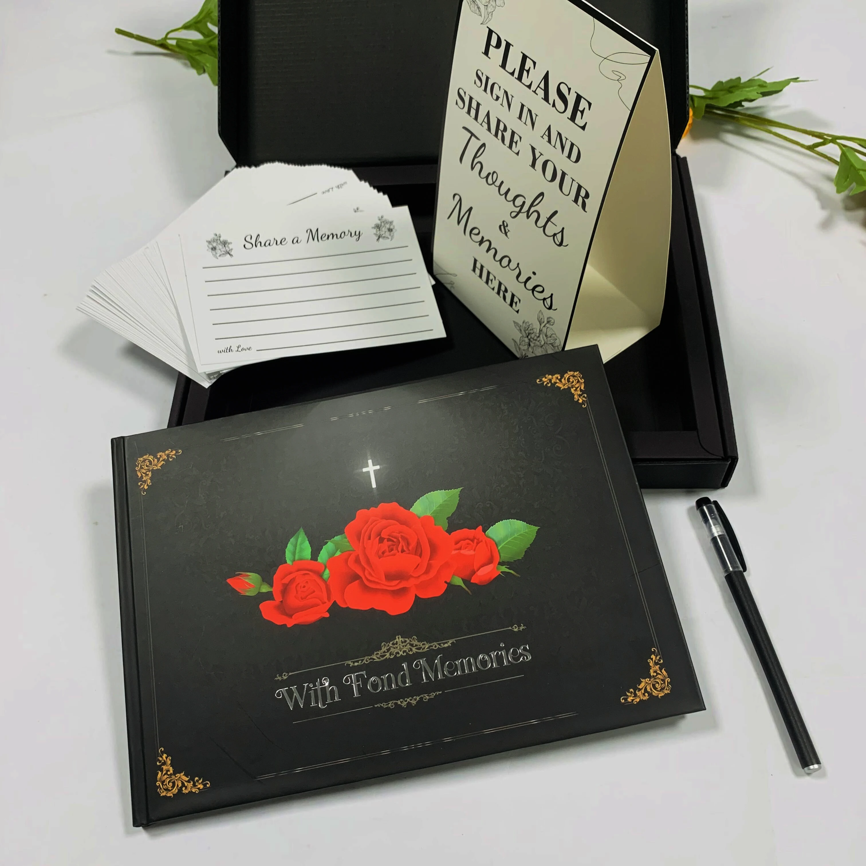 SM-ZL004 factory custom  high quality funeral register book funeral guest book set, condolence cards and stickers