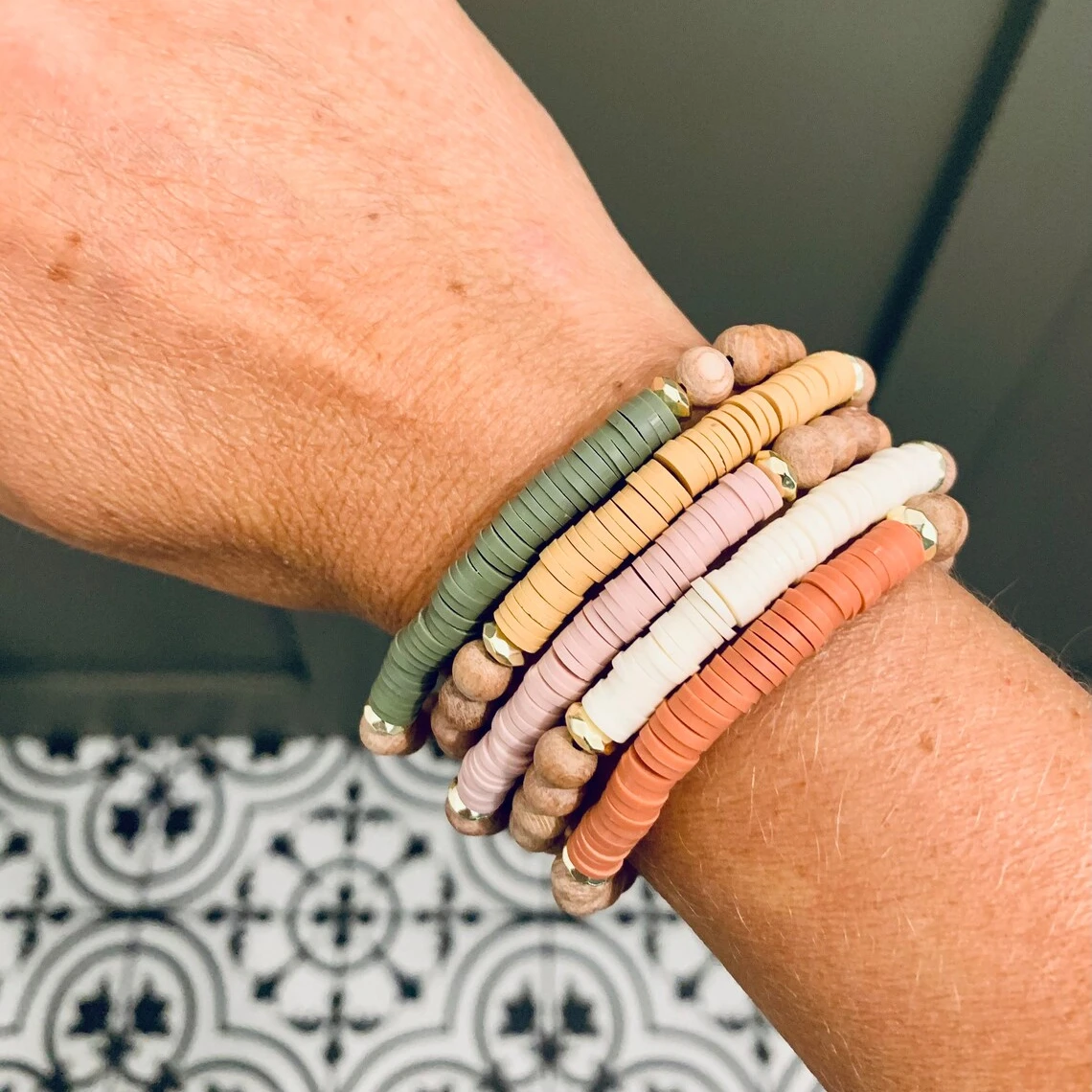 Polymer clay bracelet jewelry Bohemian wood beads bracelet hand woven accessories gift for mother