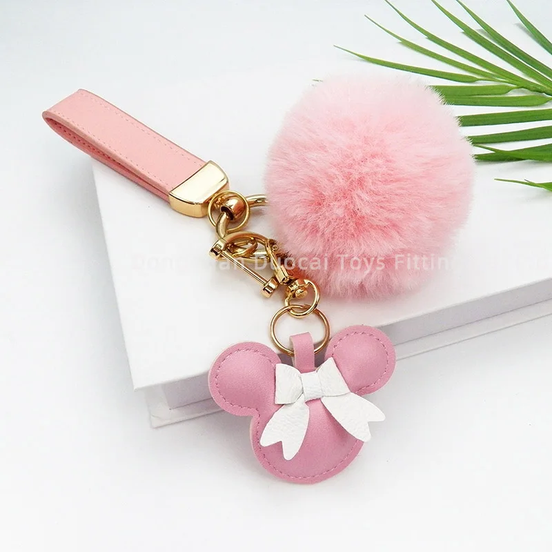 New Style Designer Fashion Mickey Pompom Bag Charms Genugine Leather  Car Key Chain Accessories Custom Luxury Fur Keychain