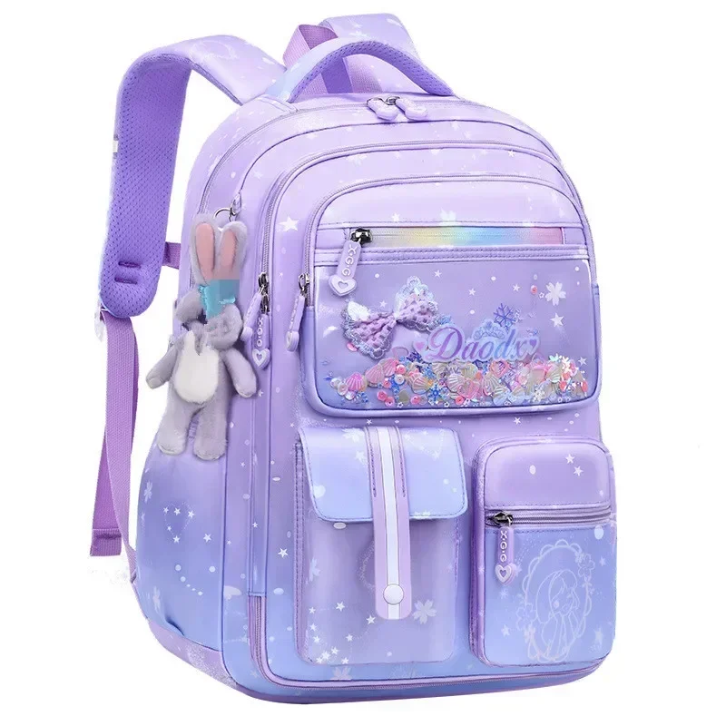 Cute Primary School Bag with Bow Knot and Rabbit Pendant for Girls, Kawaii and Waterproof, Orthopaedic Kids Backpack