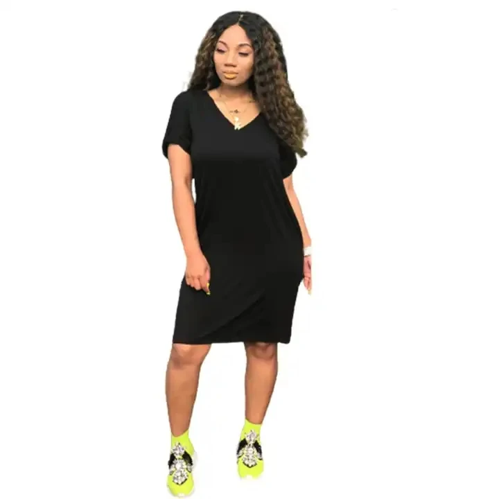 Women Summer Plus Size Straight Casual Short Sleeve Dresses Solid Color Casual T shirt Dress