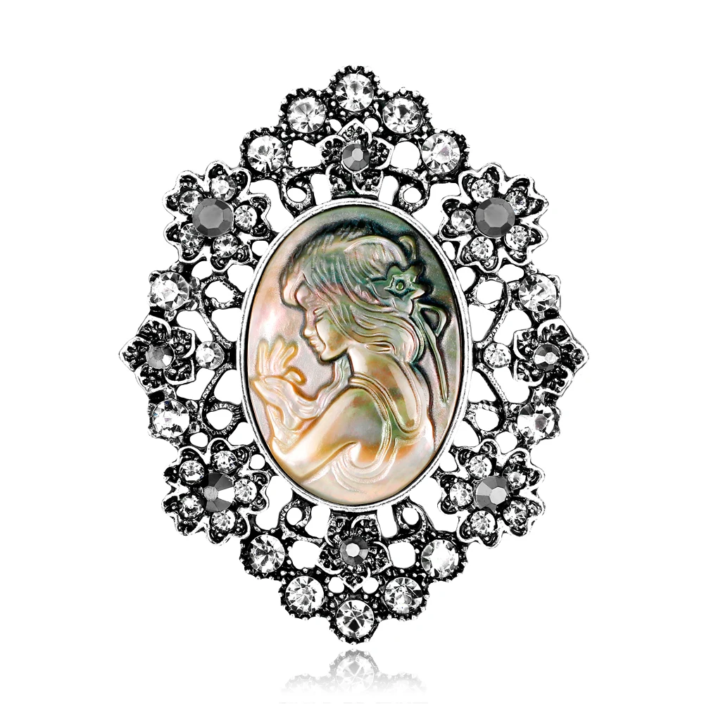 Vintage Style Cameo Lady Brooch Gold Crystals Gold Tone Broach