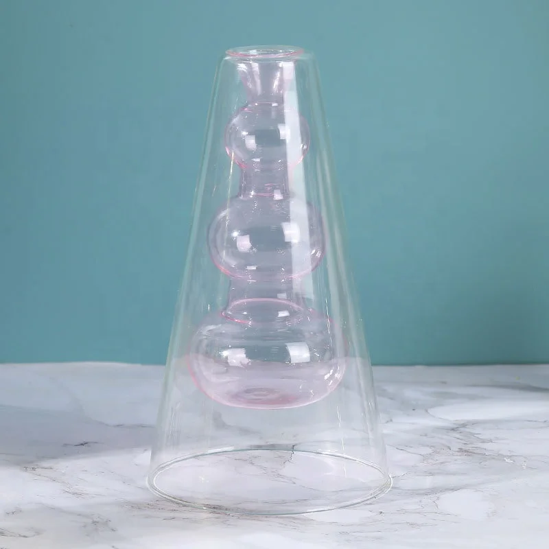 Blue nordic style pyramid shape transparent glass vase for wedding and home decor