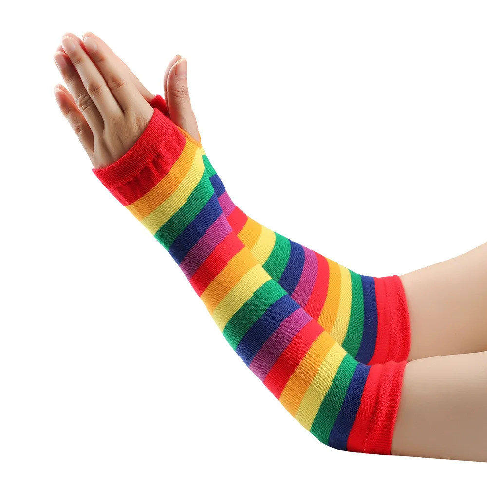 rainbow striped long arm warmer fingerless gloves mittens