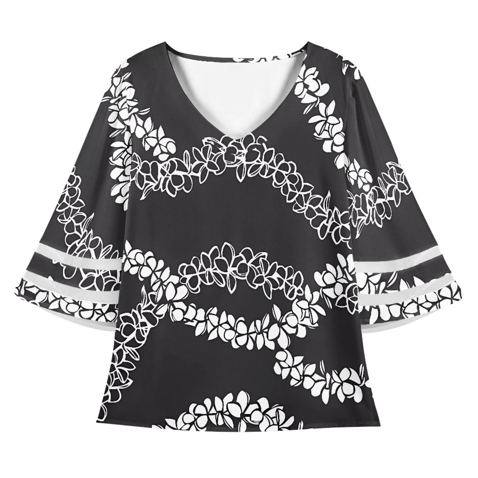Black Polynesian Elei Floral Printed Blouse For Women Custom Fashion Blouses Elegant Women Summer Plus Size Short Sleeve Blouses