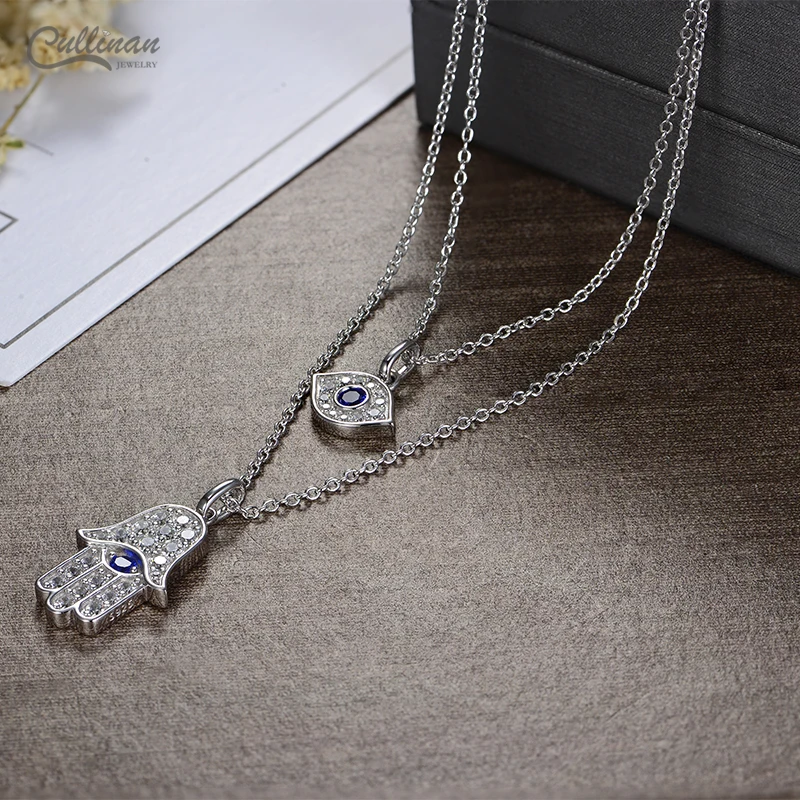 High Quality 2021 New Design 925 Sterling Silver Blue Sapphire Zircon Stone Hamsa Hand Evil Eye Layered Necklace