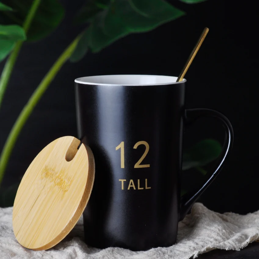 Nordic Styles Ceramic Coffee Cup for Office Tea Mug Ceramic Mug with wooden Lid and Spoon with custom logo
