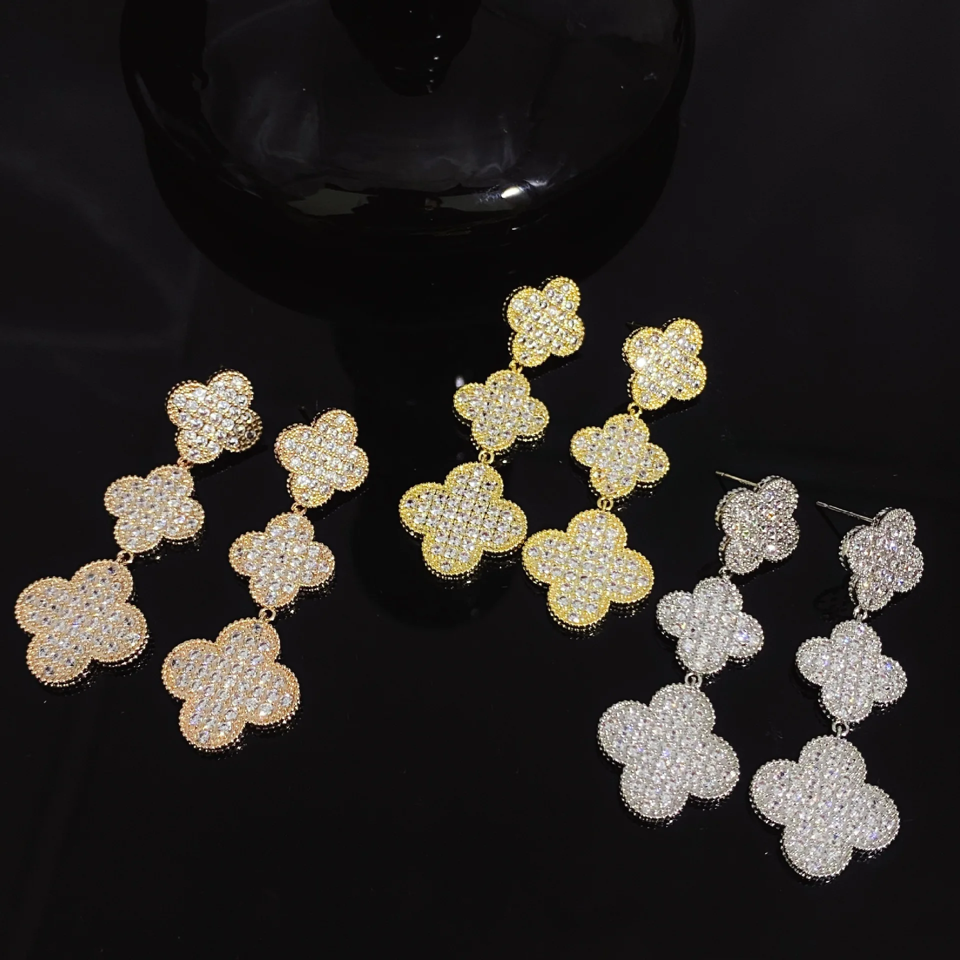 New Trendy Luxury Cubic Zirconia Rose Gold Plated Four Leaf Clover Drop Earrings For Wedding Bridal