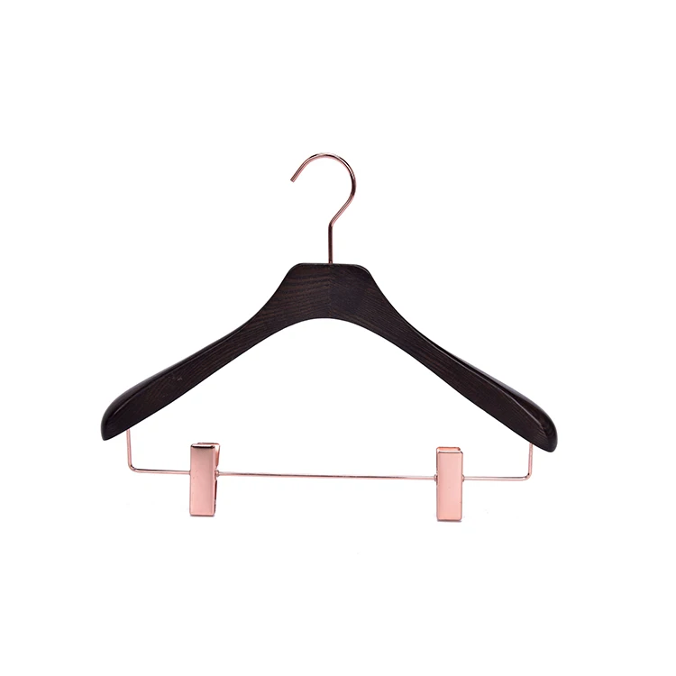 Luxury Bespoke Clothing Store Display Vintage Color Custom LOGO Wooden Suit Hanger With Rose Gold Hooks and Clips
