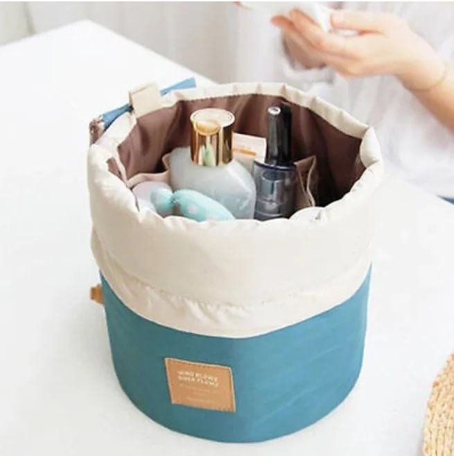 
OEM Barrel Shaped Travel Cosmetic Nylon Bag High Capacity Drawstring Elegant Drum Wash Bags 