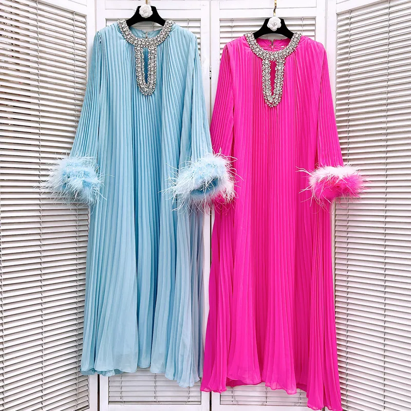 High Quality Diamond O-Collar Maxi Dresses Female Solid Nail Drill Ostrich Hair Sleeve Evening Gown Factory Direct Sales
