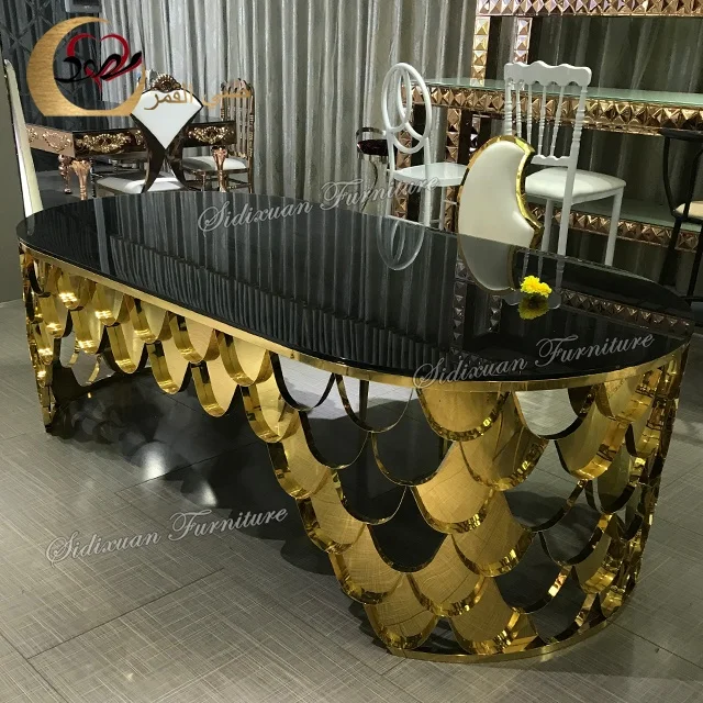 Glass top fish scale table legs gold dinner dining table set 6 chairs
