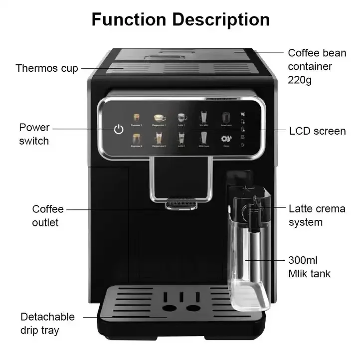 19 Bar Full Automatic Cafe Maker Built-in Adjustable Grinder and Manual Milk Frother Steam Wand  for Cappuccino Latte Macchiato