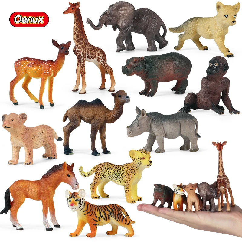 Oenux Wholesale Lovely Cartoon Wild Animals Deer Hippo Lion Wolf Model Action Figures Safety TPR Cake Toppers Kids Gift Toy
