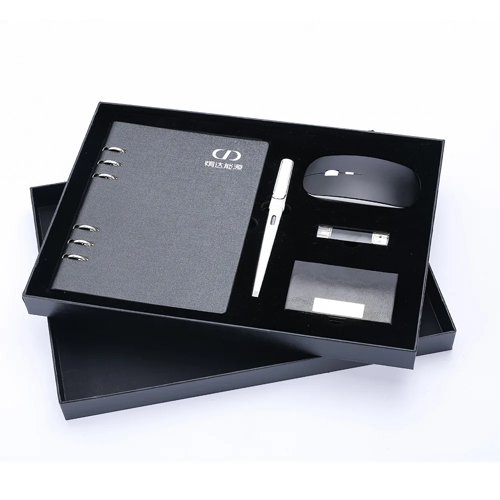 Black Vip Luxury Business Name Card Holder Case USB Flash Drive wireless Mouse PU Leather Notebook Diary Pen Gift Set with Logo