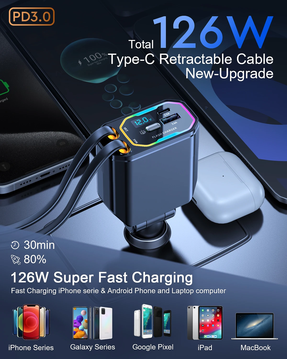 New 4 in 1 Multifunctional Wireless Car Charger 12-24v Quick Charger with LED Light 2 Retractable Cigarette Lighter Cables