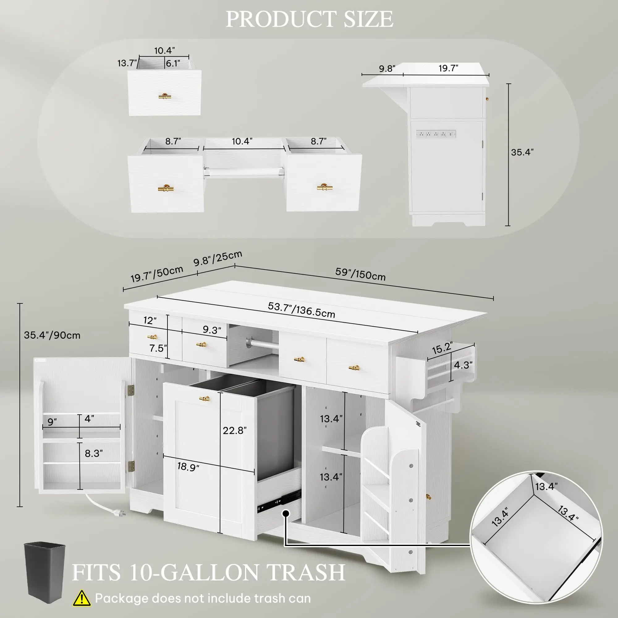 Sunrise Kitchen Island with Drop Leaf, Double Tilt Out Trash Can Kitchen Storage Islands, 59 Inch Large Rolling Portable Islands