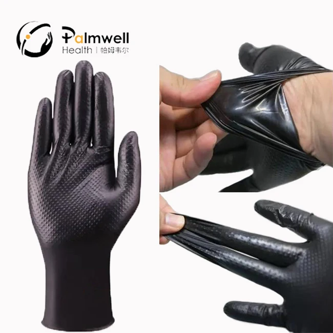 Disposable mechanical thick orange Black nitrile gloves Diamond Textured industrial glove