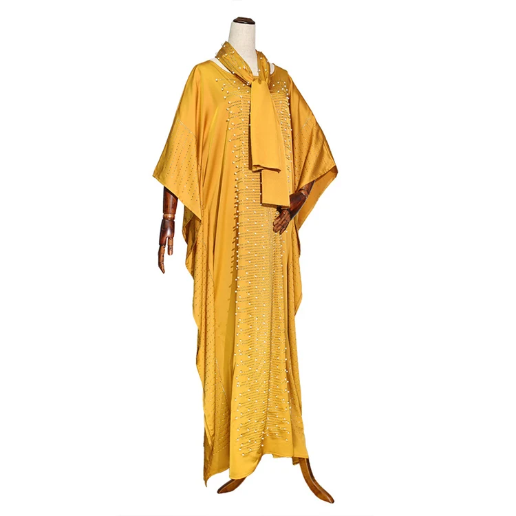 
Abaya African Women Heavy Rhinestone Beaded Silk Satin Crew Neck Wide Bat Sleeve Turban Dress Robe 